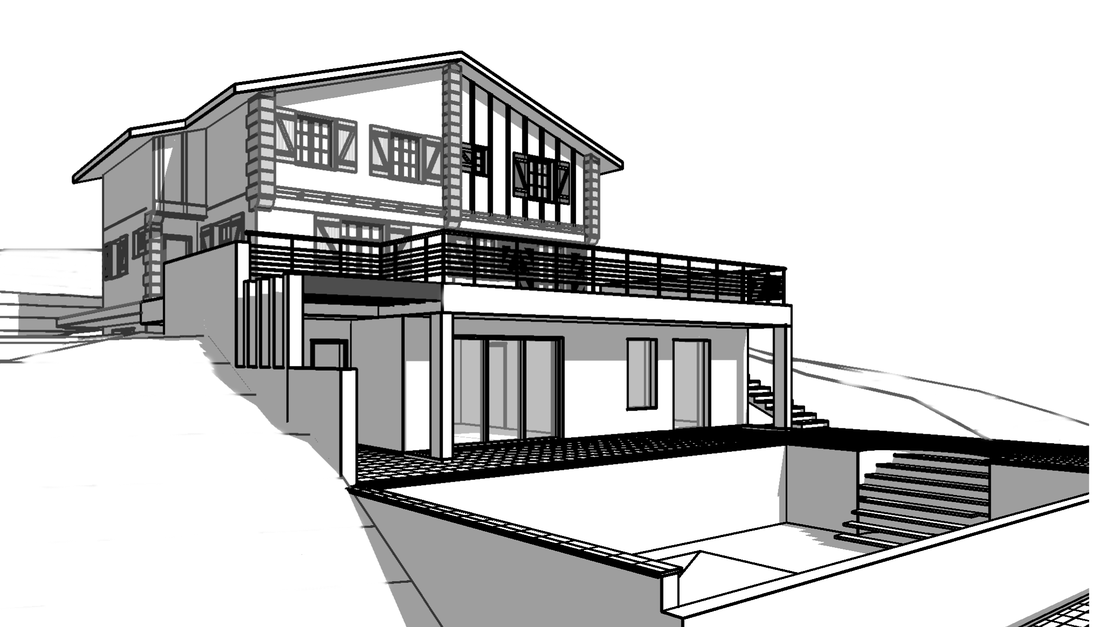 Perspective d’une maison sur terrain en pente : étage à pans de bois, terrasse filante, rez-de-jardin vitré et bassin.