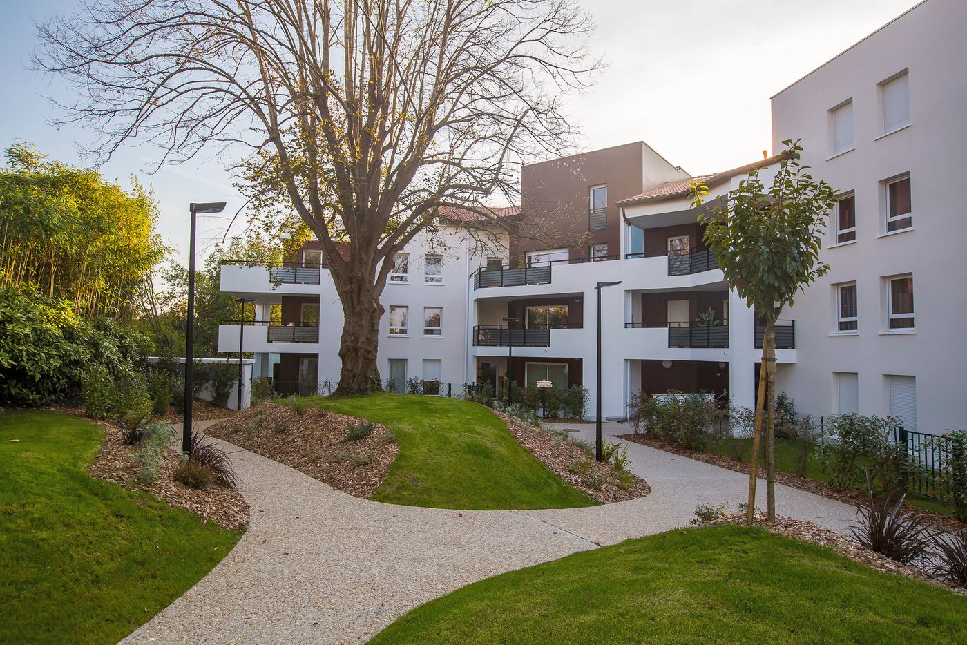 Les 4 Saisons à Anglet : cheminement courbe à travers le cœur d’îlot planté, bâtiments blancs à balcons.