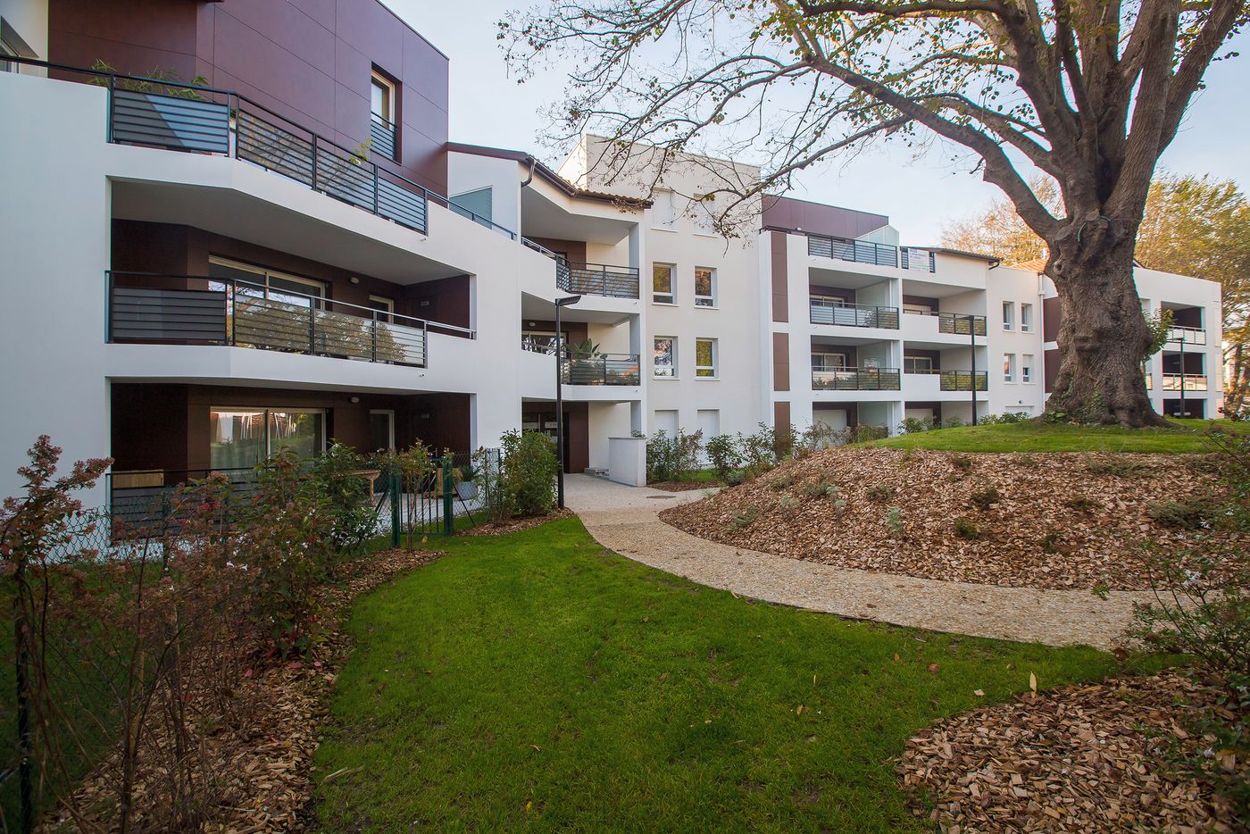 Les 4 Saisons à Anglet : balcons filants et volumes brun rouge autour du jardin, grand arbre conservé.