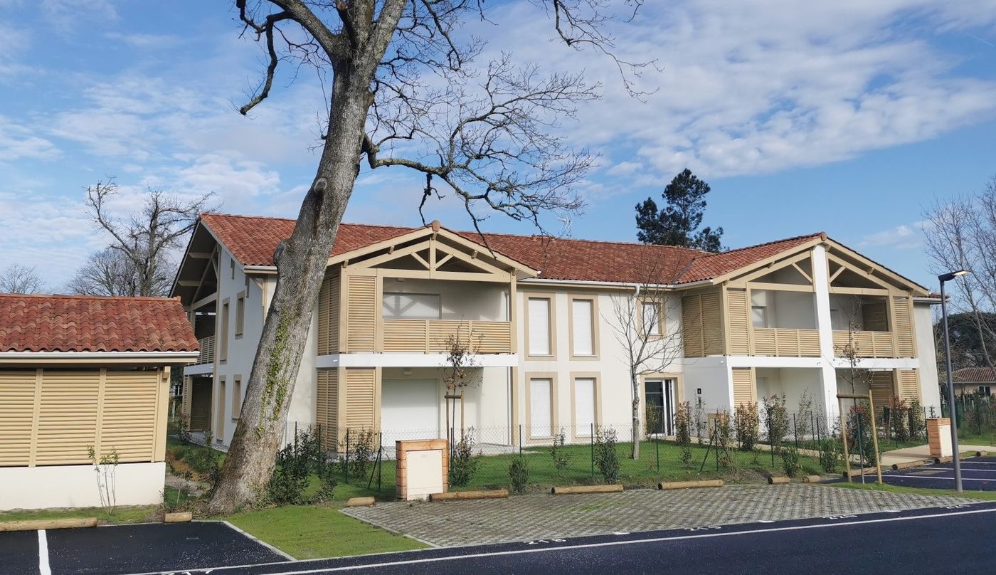 La Cigalière à Léon : bâtiment à charpente apparente derrière un grand chêne conservé.